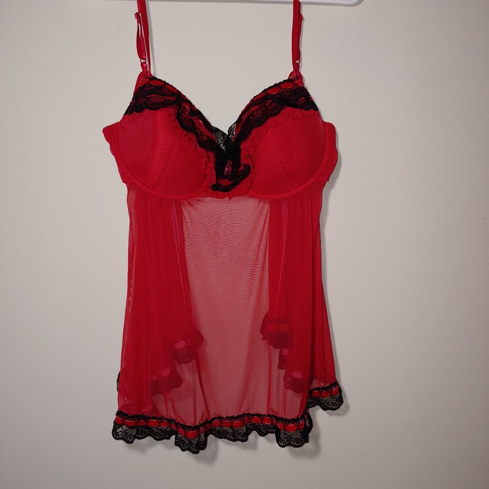 Jezebel Sheer Ruffles Galore Babydoll Lingerie Chemise Size XL Red Black